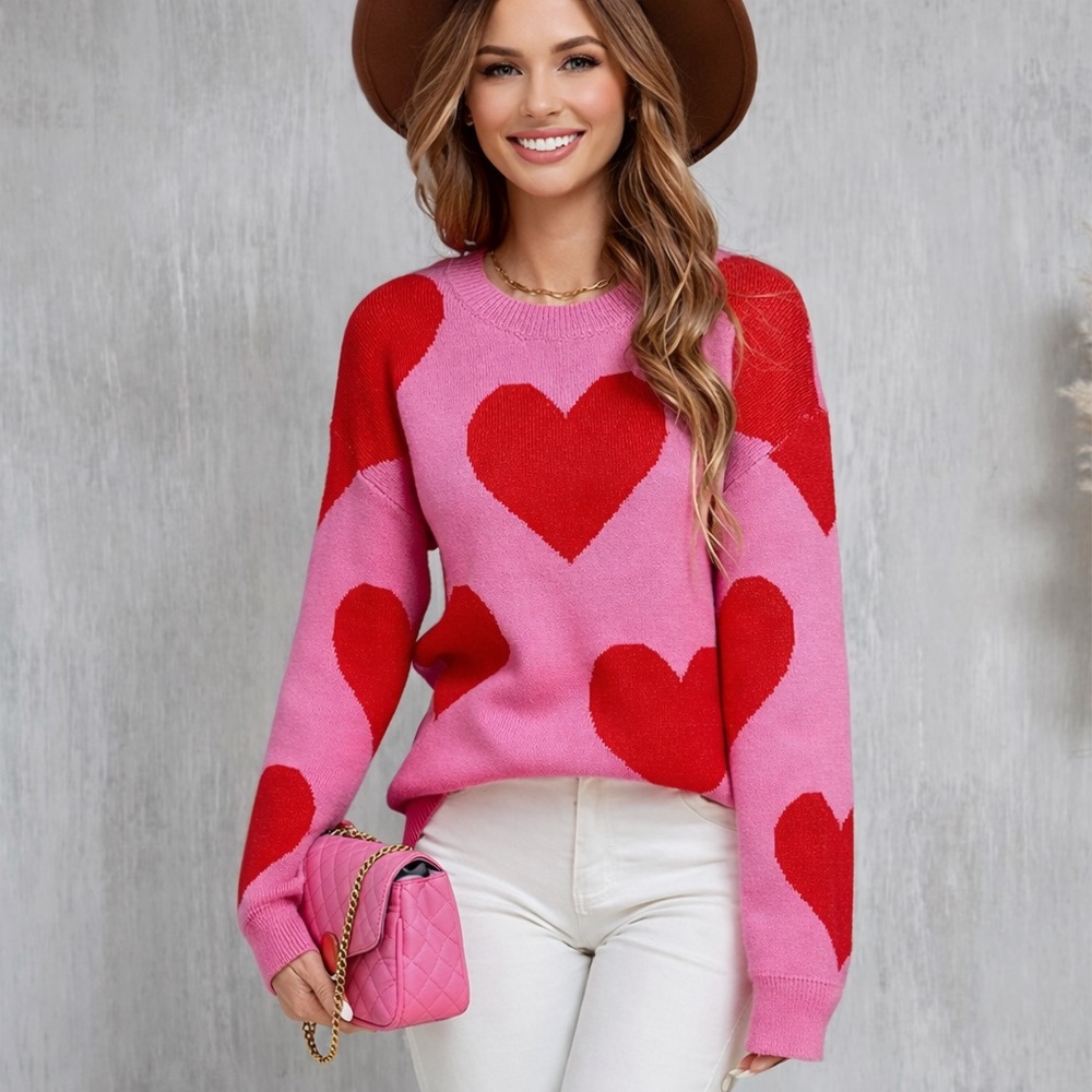 Pink & Red Heart Print Knit Sweater | Valentine’s Day Pullover